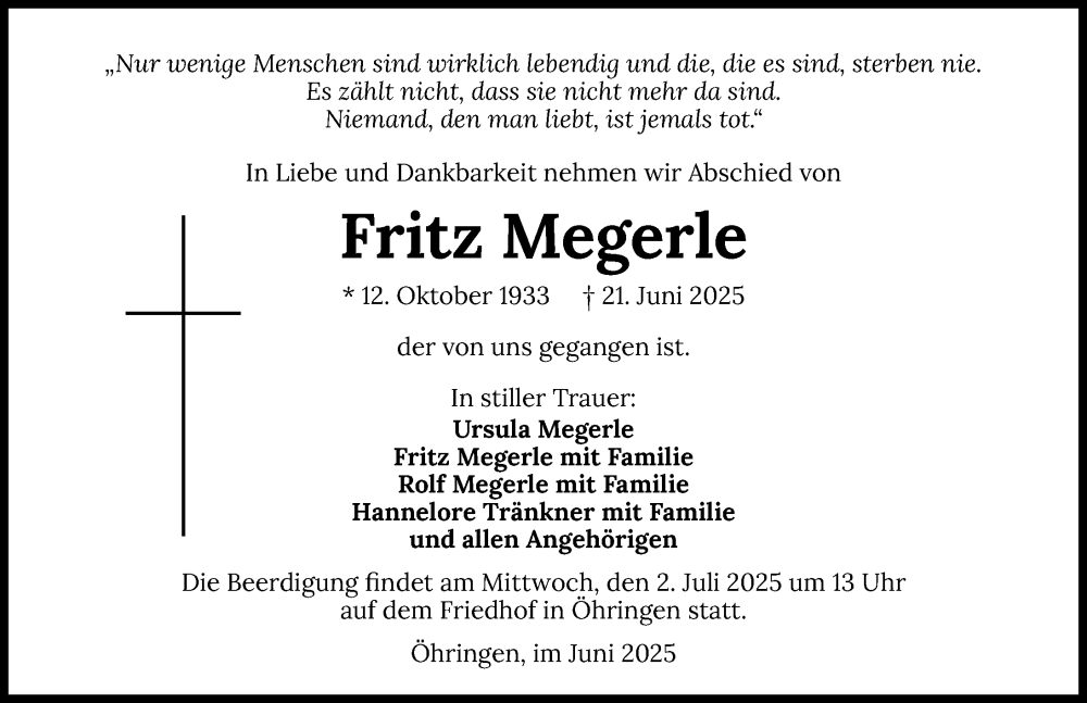 Traueranzeige Fritz Megerle